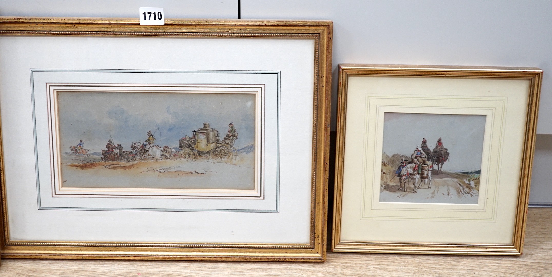 Charles Cooper Henderson (1803-1877), two watercolours, 'French peasants on a lane' and 'Stagecoach on a lane', monogrammed, 12.5 x 13.5cm and 13 x 25.5cm